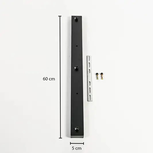 Black metal mounting bracket measuring 61 cm height and 5 cm width with installation hardware on white background.