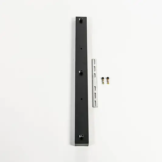 Black metal linear ceiling plate with mounting hardware for pendant lighting on white background image.