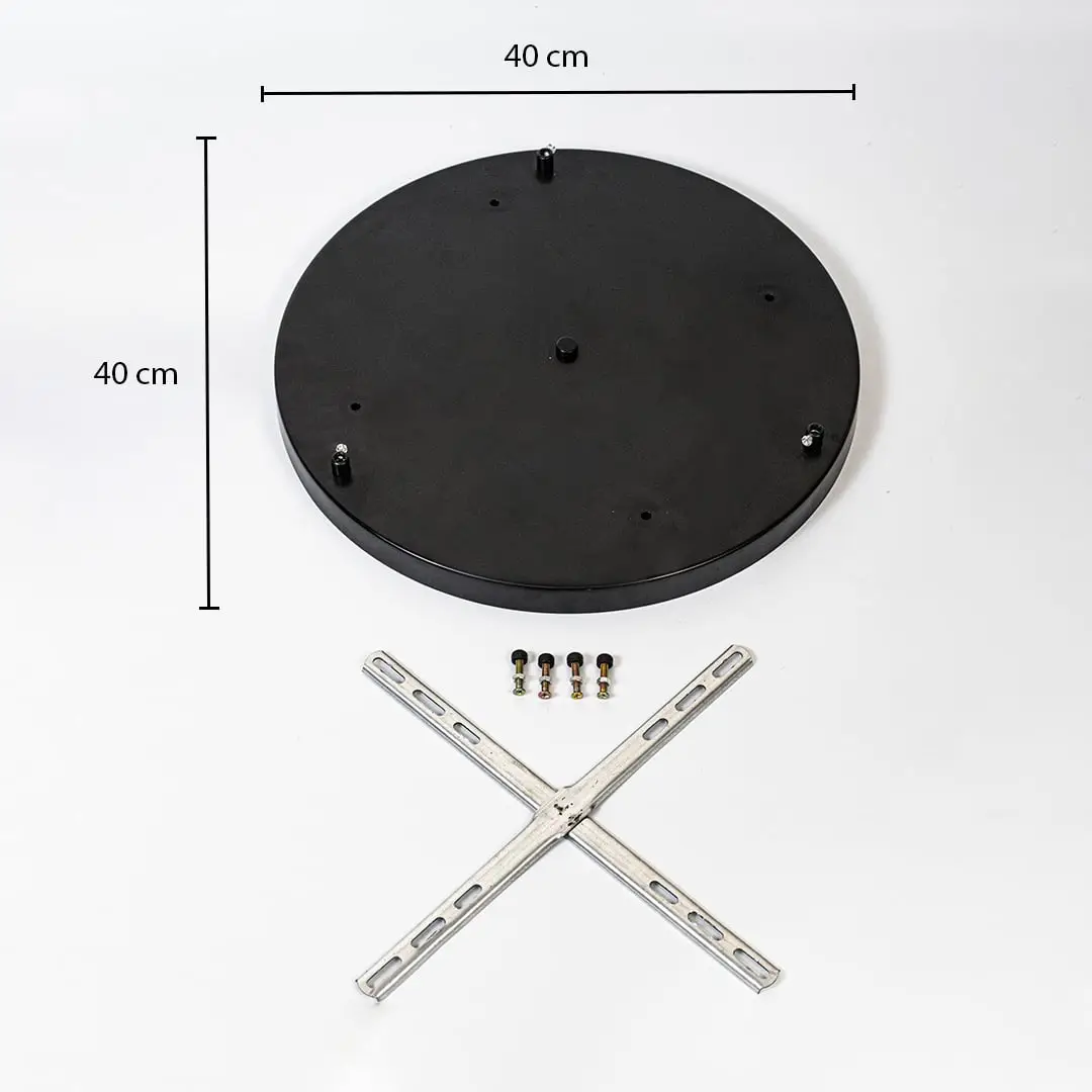Round black ceiling plate showing 40 cm diameter dimensions with mounting points screws and cross bracket for lighting installation reference.