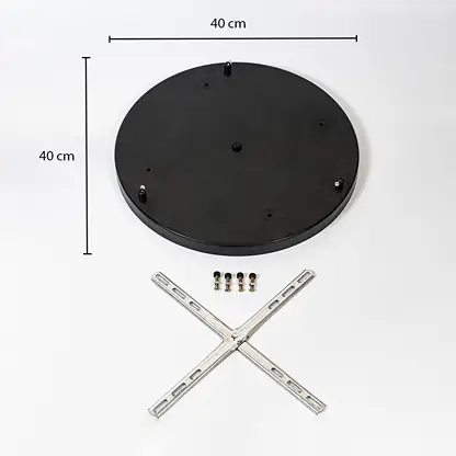 Round black ceiling plate showing 40 cm diameter dimensions with mounting points screws and cross bracket for lighting installation reference.