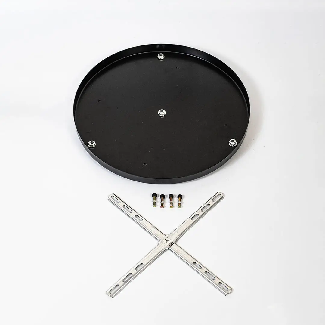Black metal ceiling canopy with complete mounting accessories displayed on white background for pendant light fitting.
