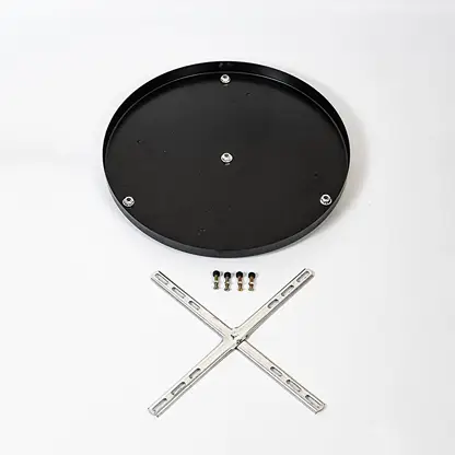 Black metal ceiling canopy with complete mounting accessories displayed on white background for pendant light fitting.