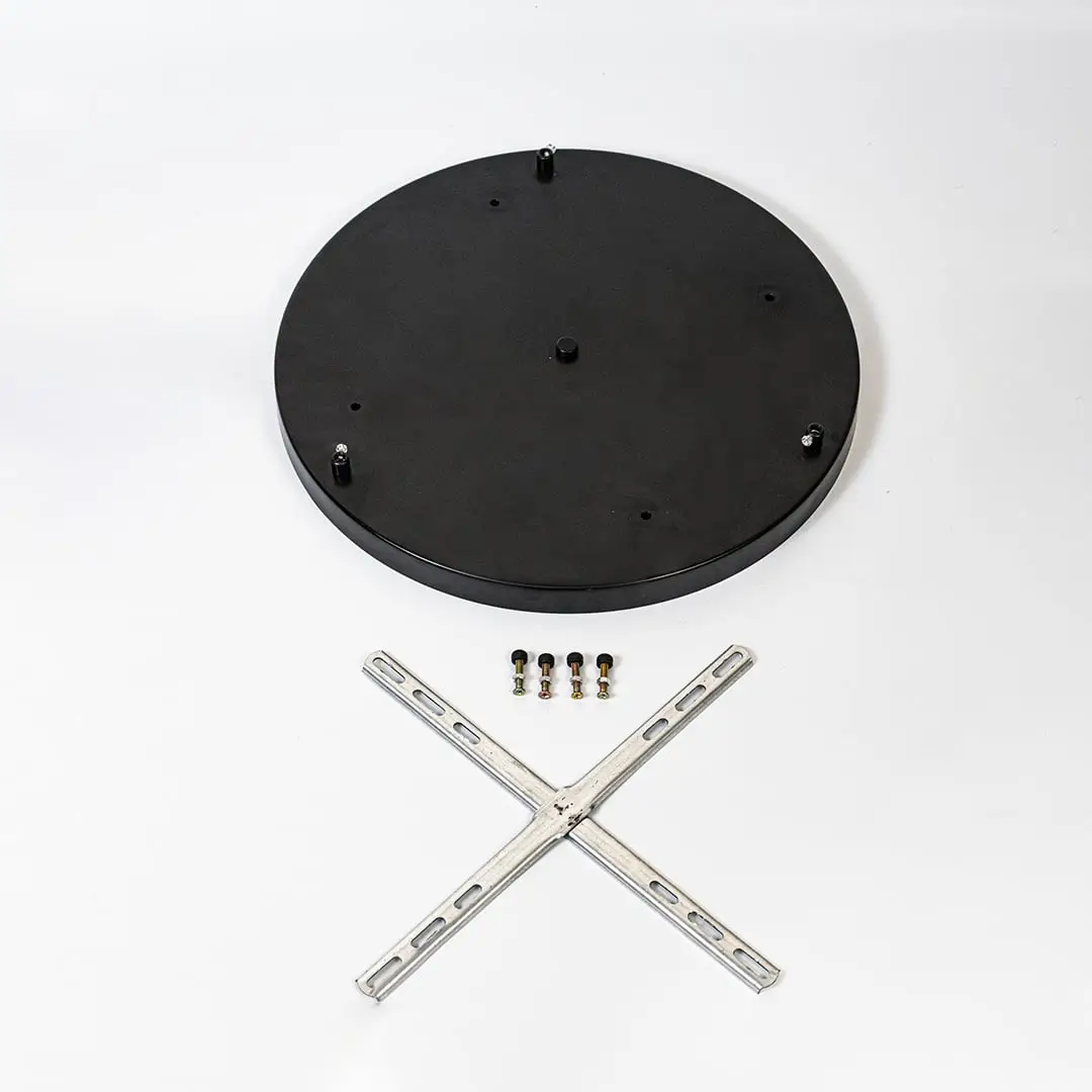 Black metal ceiling plate with mounting hardware for pendant light chandelier and ceiling lighting on white background.