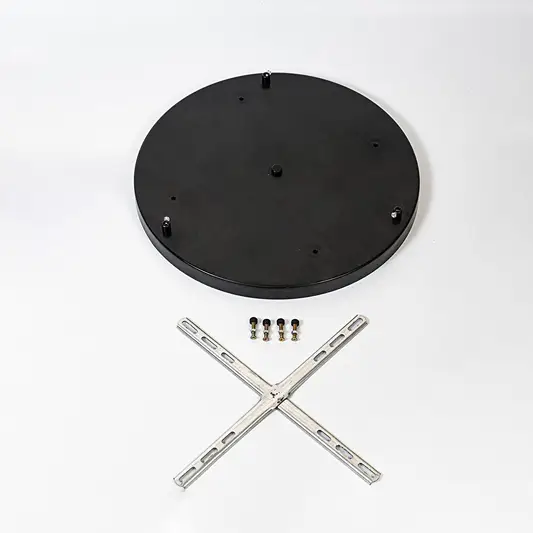 Black metal ceiling plate with mounting hardware for pendant light chandelier and ceiling lighting on white background.