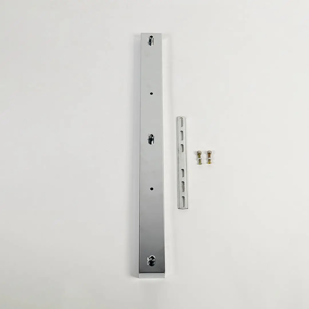 Silver metal picture light mounting bar with installation screws presented on white background for modern wall lighting fixtures.