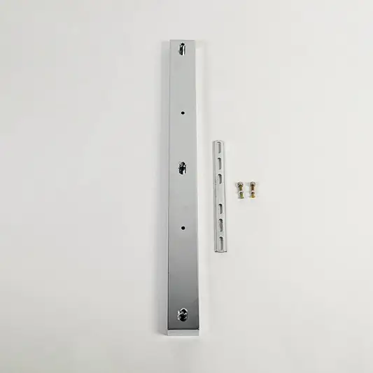 Silver metal picture light mounting bar with installation screws presented on white background for modern wall lighting fixtures.
