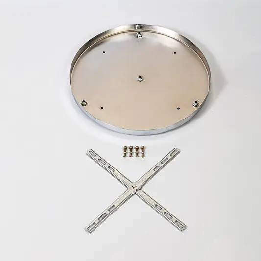 Round gold metal ceiling plate displayed with cross mounting bracket screws and fixing hardware arranged neatly on a clean white background.