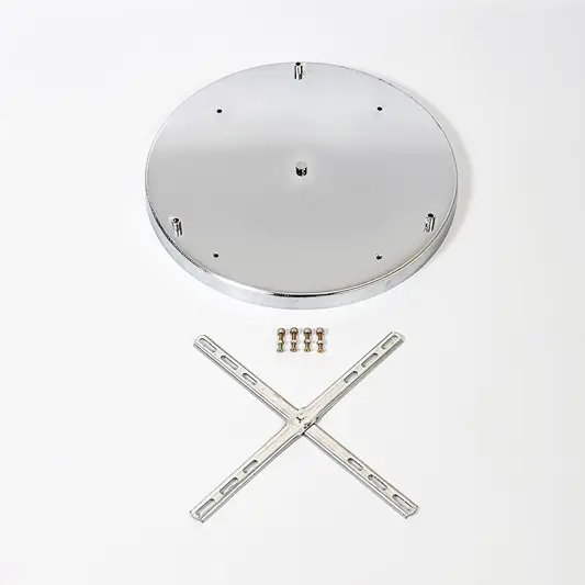 Silver metal ceiling canopy with screw holes and fixing kit shown on white background for modern lighting fixture mounting.