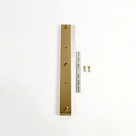 Gold metal picture light mounting bar with fixing screws shown on white background highlighting premium finish and sturdy build.