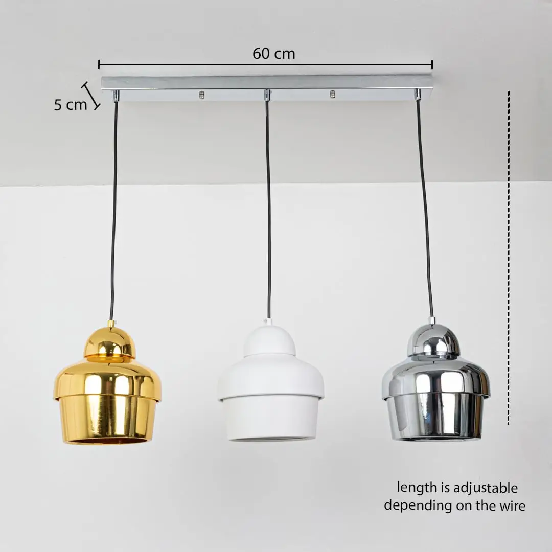 Gold white and chrome pendant light trio with adjustable wire length shown with measurement details for precise placement in stylish contemporary spaces.