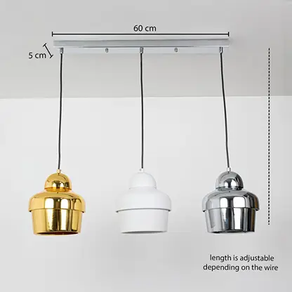 Gold white and chrome pendant light trio with adjustable wire length shown with measurement details for precise placement in stylish contemporary spaces.