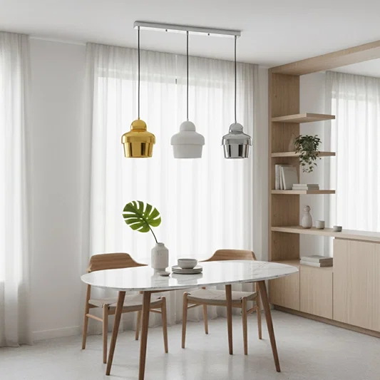 Gold white and chrome metal pendant lights adding elegance above the dining table in modern interiors.