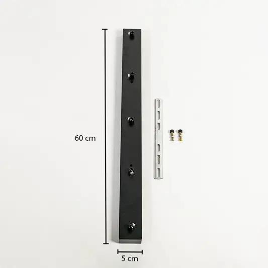 Black metal mounting bracket measuring 60 cm height and 5 cm width with installation hardware on white background.