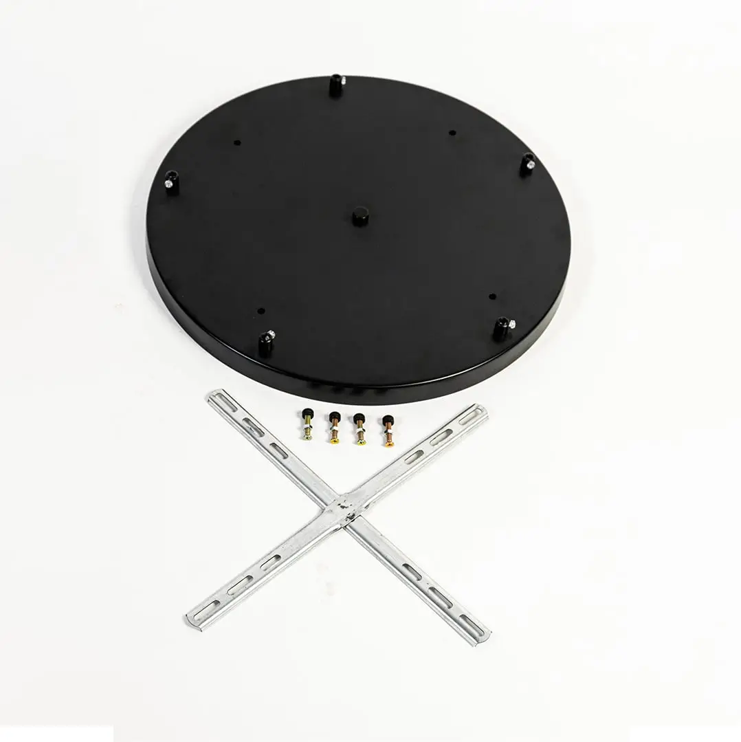 Black metal ceiling canopy with mounting bracket screws and cross bar displayed on white background for secure pendant light installation.