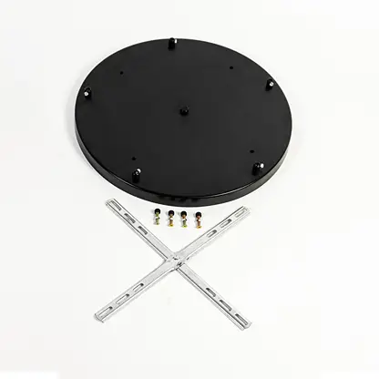 Black metal ceiling canopy with mounting bracket screws and cross bar displayed on white background for secure pendant light installation.