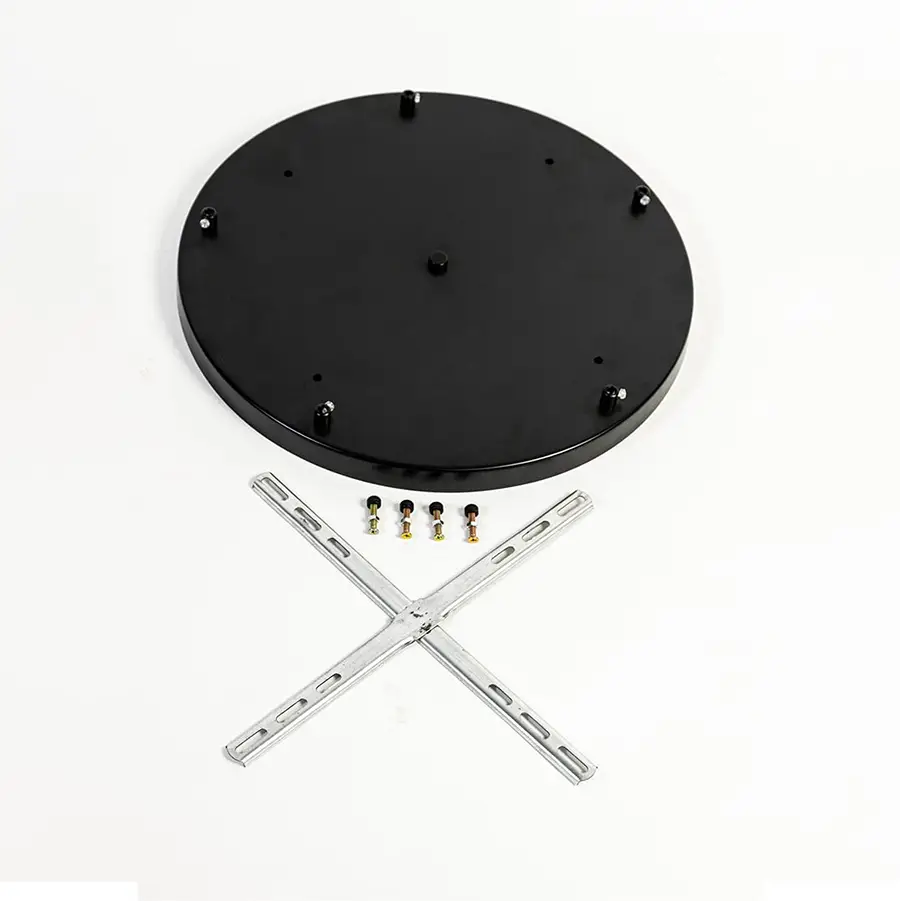 Black metal ceiling canopy with mounting bracket screws and cross bar displayed on white background for secure pendant light installation.