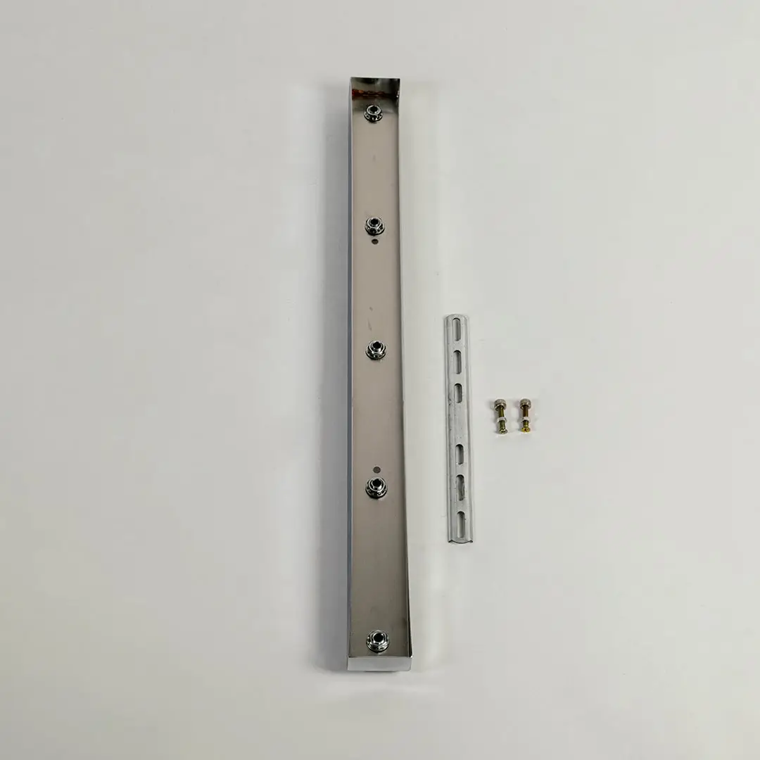 Linear metal ceiling plate shown on white background with mounting slots screws and fittings designed to support multiple pendant light installations securely.