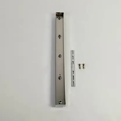 Linear metal ceiling plate shown on white background with mounting slots screws and fittings designed to support multiple pendant light installations securely.