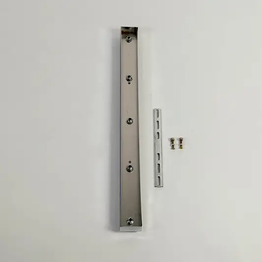 Linear metal ceiling plate shown on white background with mounting slots screws and fittings designed to support multiple pendant light installations securely.