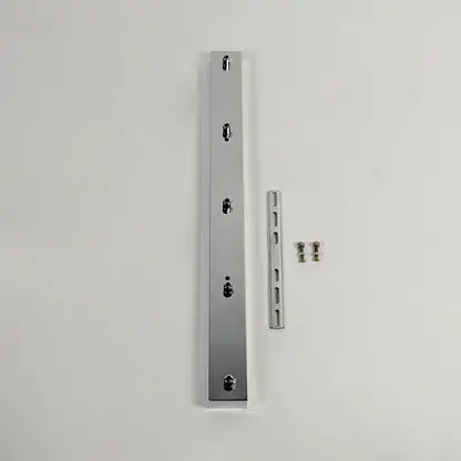 Silver metal picture light mounting bar with screw fittings displayed on white background for secure wall light installation support.