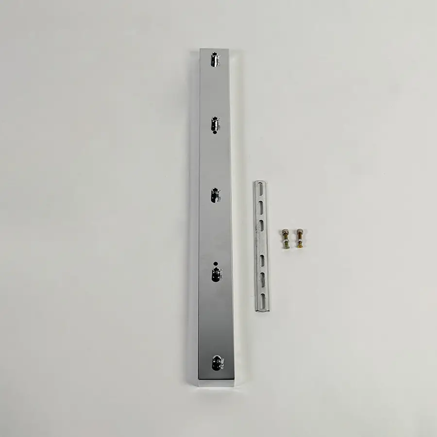 Silver metal picture light mounting bar with screw fittings displayed on white background for secure wall light installation support.