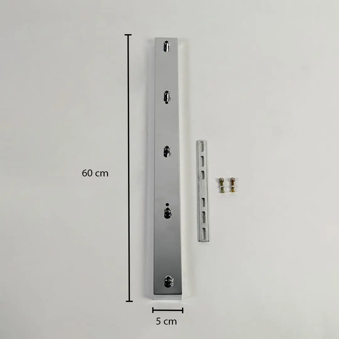 Black metal mounting bracket measuring 86 cm height and 5 cm width with installation hardware on white background.