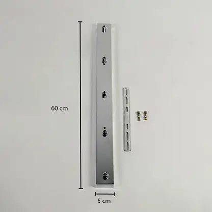 Black metal mounting bracket measuring 86 cm height and 5 cm width with installation hardware on white background.