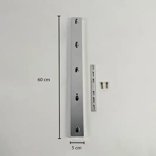 Black metal mounting bracket measuring 86 cm height and 5 cm width with installation hardware on white background.
