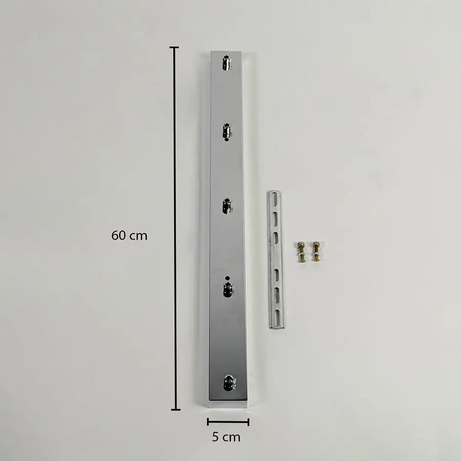 Black metal mounting bracket measuring 86 cm height and 5 cm width with installation hardware on white background.