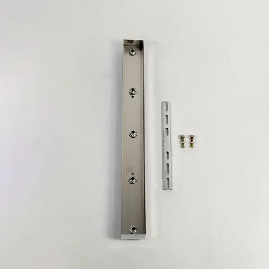 Silver metal picture light mounting bar shown on white background highlighting clean finish fixing points and modern lighting hardware.