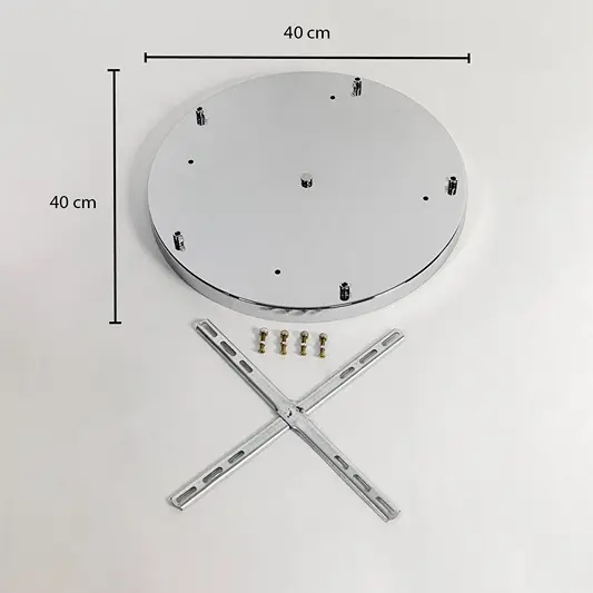 Round white metal ceiling plate measuring 40 cm diameter with 0.8 cm thickness including mounting hardware on white background.