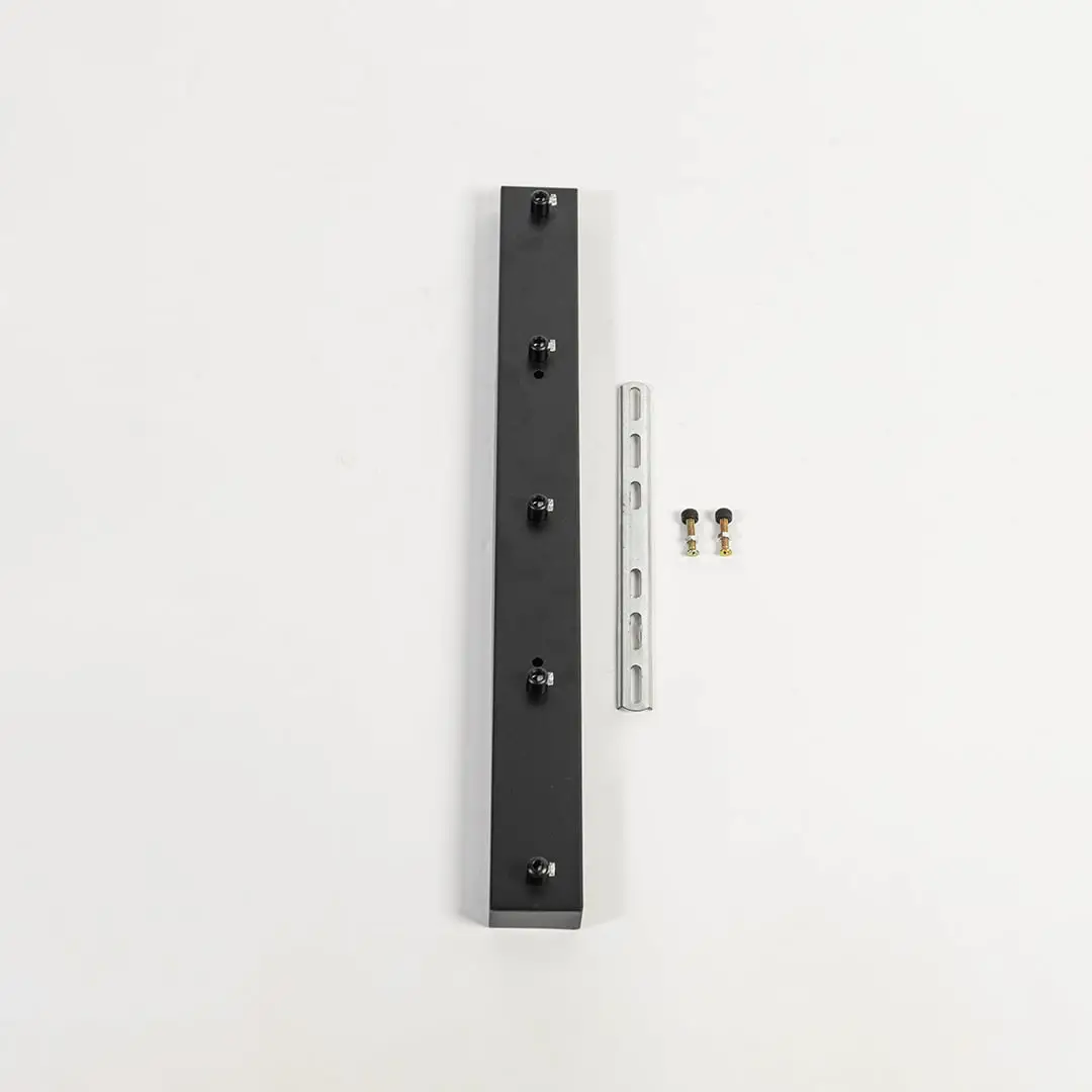 Black metal picture light mounting bar with screw fittings displayed on white background for secure wall light installation support.