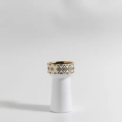 Minimalist matte white ceramic pedestal vase with gold geometric rim for luxury modern home decor and elegant shelf display.
