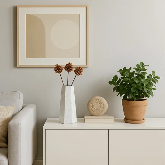 Elegant white marble ceramic vase with geometric design styled with pine stems for modern living room decor.