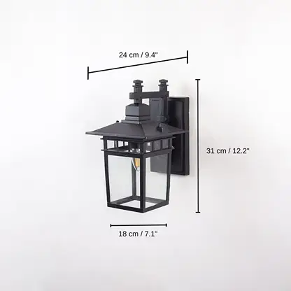 Outdoor wall lantern light with measurements, 31 x 18 x 24 cm (12.2 x 7.1 x 9.4 inches) dimensions
