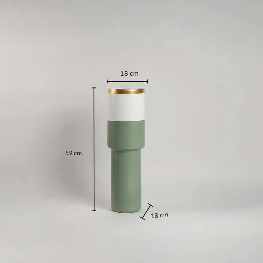 Sage green ceramic vase with 59 cm height and 18 cm width shown clearly for accurate decor size reference and interior planning.