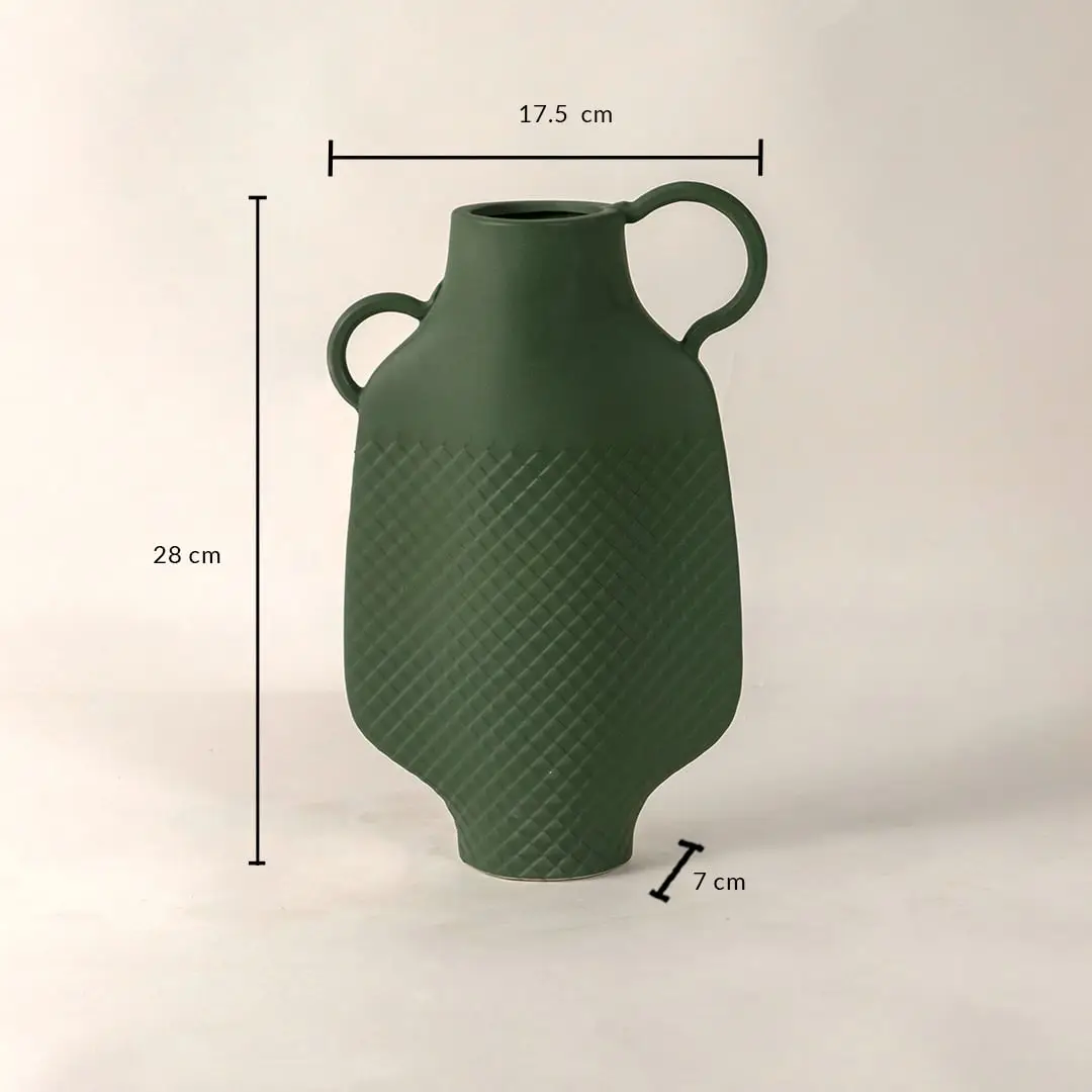 Haven green ceramic vase measuring 28 cm in height 17 cm in width and 7 cm in base diameter shown with precise labeled dimensions.