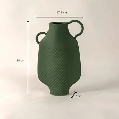 Haven green ceramic vase measuring 28 cm in height 17 cm in width and 7 cm in base diameter shown with precise labeled dimensions.