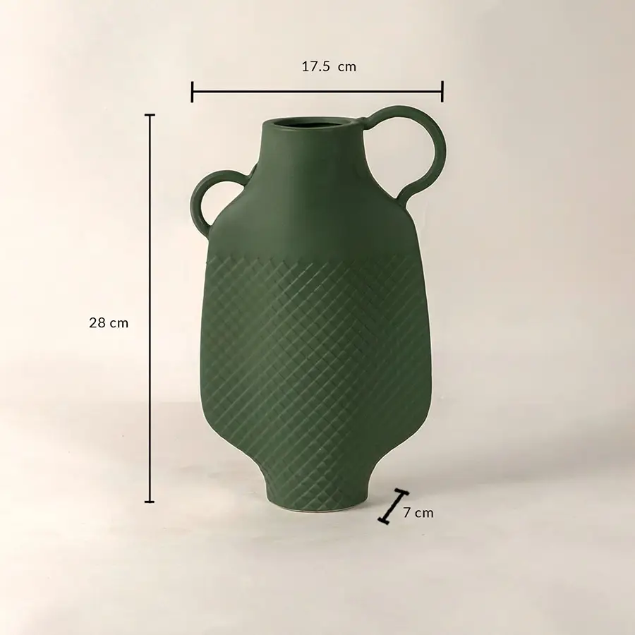 Haven green ceramic vase measuring 28 cm in height 17 cm in width and 7 cm in base diameter shown with precise labeled dimensions.