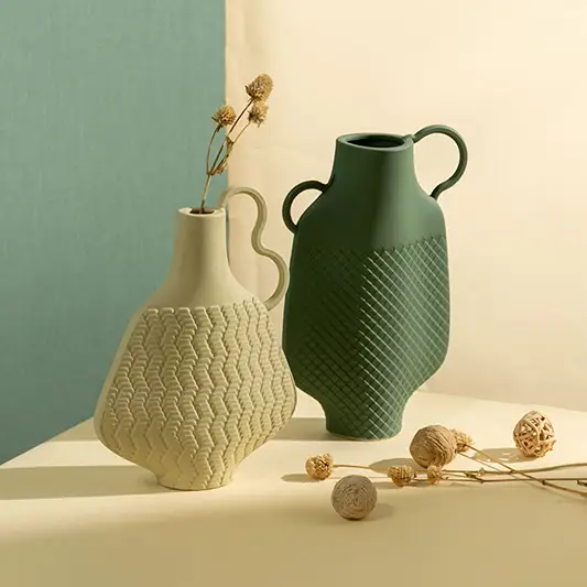 Haven ceramic vase placed in a serene setting with neutral tones and dried flowers enhancing earthy modern interior decor.