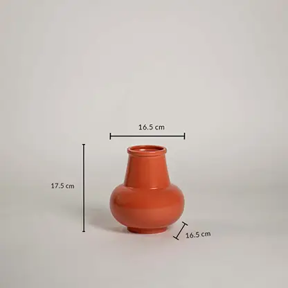 Orange ceramic vase with size details showing height 17.5 cm width 16.5 cm and base 16.5 cm for accurate decor placement.