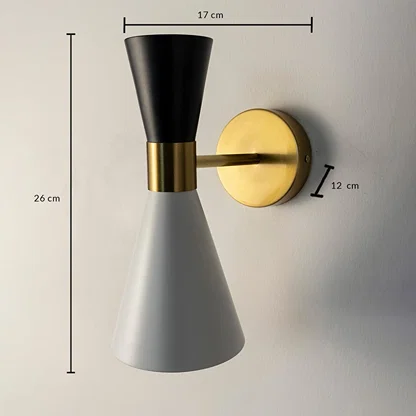 Two tone wall light 26 cm tall and 17 cm wide displayed with dimensions ideal for modern home or office decor.