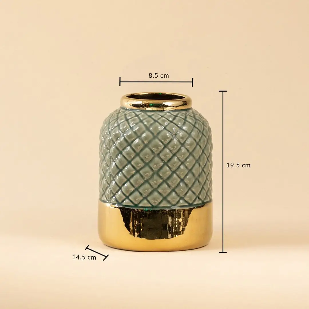 Gold and blue ceramic vase measuring 19 cm in height and 14 cm in diameter featuring a quilted texture and glossy metallic finish.