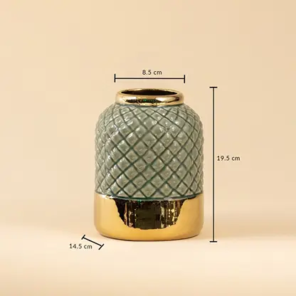 Gold and blue ceramic vase measuring 19 cm in height and 14 cm in diameter featuring a quilted texture and glossy metallic finish.