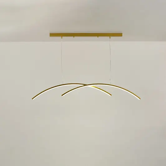 Gold metal curved LED pendant light with integrated illumination creating sophisticated modern ambient ceiling lighting.