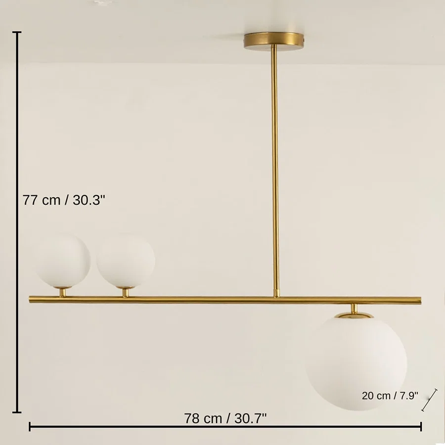Gold metal chandelier with frosted glass globe shades, 77 x 78 x 20 cm (30.3 x 30.7 x 7.9 inches) dimensions