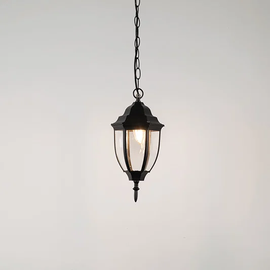 Elegant black metal hanging lantern light with clear curved glass for stylish outdoor lighting decor.