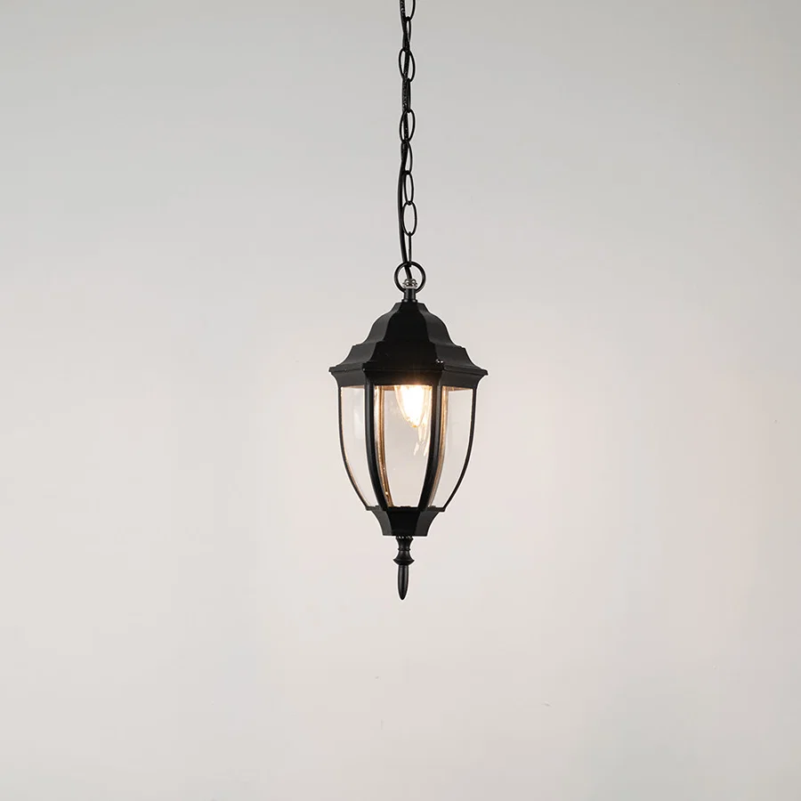 Elegant black metal hanging lantern light with clear curved glass for stylish outdoor lighting decor.