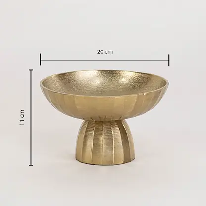 Gold decorative bowl on pedestal base displayed on a white background with dimensions showing 20 cm width and 11 cm height