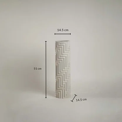 Tall white geometric ceramic vase with 51 cm height and 14.5 cm width displayed on a neutral background with intricate line detailing.